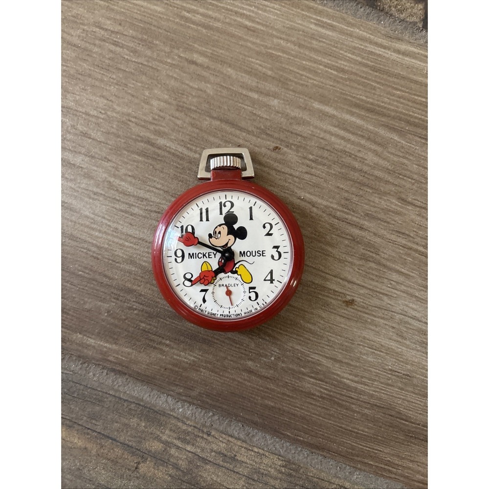 Vintage 1960's Bradley Mickey Mouse Pocket Watch Wind Up *WORKING*